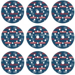 Bosch EXPERT O780 Lot de 9 disques abrasifs &agrave; film 125 mm (pour bois dur, peinture sur bois, &Oslash; 125 mm, grain 3 x 80, 3 x 120, 3 x 180, accessoires professionnels ponceuse excentrique)