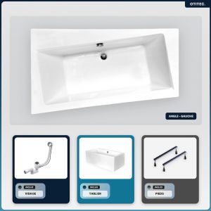 Baignoire asymétrique - 170 x 110 cm - Gauche - avec Tablier Blanc - Pieds - Vidage Chrome - INFINITY