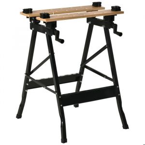 Homcom Établi Pliant établi de Serrage avec 4 Serre-Joints Table de Travail chevalet de sciage, Charge 150 kg, Structure en Acier, Plan de Travail pour Chantier Atelier Garage, 63,5x60,5x78cm, Noir