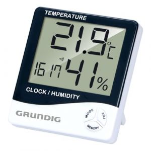 Grundig Station météo numérique - Thermomètre intérieur et extérieur avec hygromètre - Station météo intérieure et extérieure avec horloge et alarme - Affichage LCD - 9,5 x 10,5 x 2 cm - Blanc/Noir