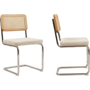 Lot de 2 chaises en cannage velours côtelé beige et métal chromé