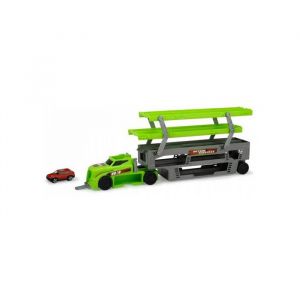 Dickie Toys Mega camion transporteur 5 niveaux vert 44 5 cm + 1 petite voiture incluse - plateforme pour 36 vehicules - transport enfant