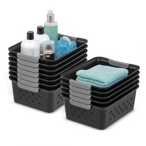 Iris Ohyama Paniers d'&eacute;tag&egrave;re en Plastique Polyvalent, Ouvert, Noir, 5L, Lot de 12, Empilable, Ventilation, Contenu Visible, pour Salle de bain, Jouet, Bureau, Armoire, Organisateur, sans BPA, OSB-S