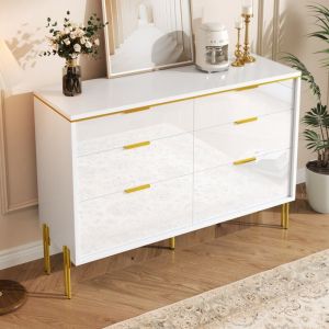 Buffet moderne 120x40x85,5 cm - Avec 6 tiroirs - Pieds hauts - Panneau laqu&eacute; brillant - Blanc et dor&eacute;