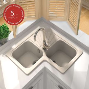 Evier pour meuble d'angle à encastrer Poalgi Agata Pergamon - 2 bacs avec égouttoir