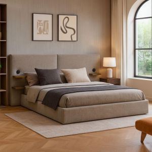 Menzzo Lit-coffre complet avec tablettes et ports USB intégrés Lukas 160x200cm Tissu Taupe clair