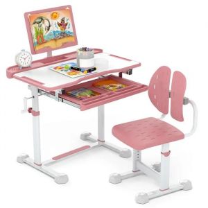 Costway Ensemble De Bureau Et Chaise Pour Enfant - Réglable En Hauteur Avec Plateau Inclinable - Support De Livre Et Tiroir - Rose