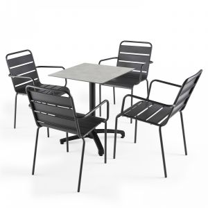Oviala Ensemble de terrasse table carré inclinable (60x60cm) HPL + 4 fauteuils en métal