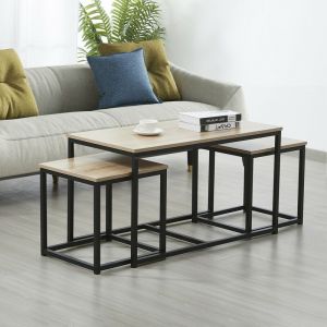 Lot De 3 Tables Basses Gigognes Calvi /Ch&ecirc;ne Blanchi Et Pi&egrave;tement M&eacute;tal Noir/ 90x 45 X 50,5