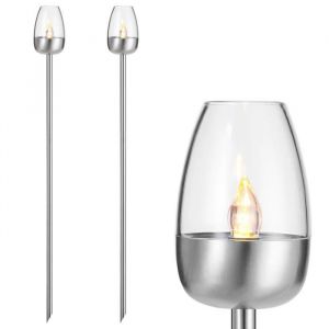 Deuba Set de 2 lampes solaires ext&eacute;rieures 112cm jardin effet flamme IP44 lanternes solaires piles acier inoxydable luminaire d&rsquo;ext&eacute;rieur