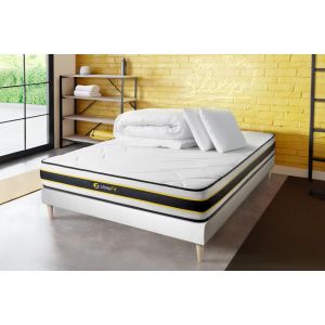 Pack prêt à dormir 140x200 matelas FLEXY + sommier kit blanc + 2 oreillers mémoire de forme 60x40cm + Couette Percale 240x220 cm