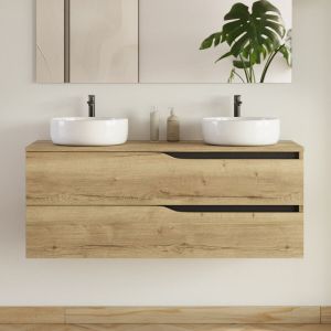 Meuble de salle de bain 120cm avec plateau et 2 vasques à poser Ares - 2 tiroirs - sans miroir - madera miel (bois clair) - LUNA