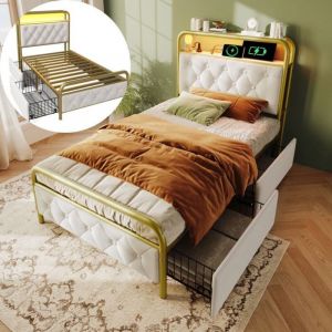 Lit simple 90x200 pour adulte avec 2 tiroirs, chargement USB et type C, lit une place, APP-Control LED, Sommier m&eacute;tallique