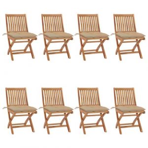 VidaXL Lot de huit chaises de jardin pliantes en teck massif avec coussins beiges Vida XL