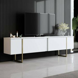 Dmora - Meuble TV Centaurus, Buffet de salon, Armoire basse pour TV, Base murale de rangement, 180x30h50 cm, Blanc et Or, avec emballage renforcé