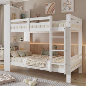 MODFU - Lit mezzanine enfant en bois 90x200cm avec &eacute;chelle de rangement, &eacute;tag&egrave;re + penderie, antichute, sans matelas, blanc+naturel