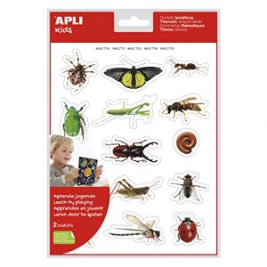 APLI Kids 18731 Sac d'autocollants réalistes sur le thème des insectes, autocollant amovible, 2 feuilles, 14 autocollants par feuille