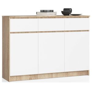 Commode Akord K140 Chêne Sonoma 138 cm 3 portes 3 tiroirs façade Blanche 6 étagères 138x40x99 cm