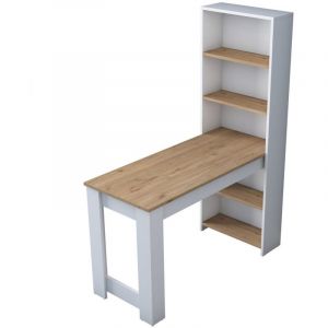 Emob Table de Cuisine et Étagères en Noyer et Blanc - 120x153,6 cm, Profondeur 53,8 cm, Fixation Murale, Style Scandinave