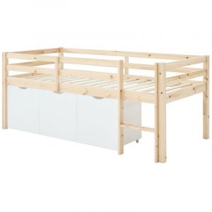 Lit mi-hauteur 90 x 190 cm avec rangement - Pin et MDF - Coloris : Naturel et blanc - LANIORI