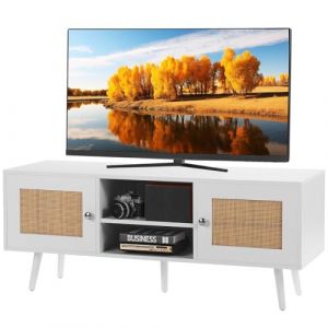 VEVOR Meuble TV en rotin, 1200 x 400 x 490 mm, Console TV boh&egrave;me pour t&eacute;l&eacute;visions de 55'', Meuble TV Moderne du Milieu du si&egrave;cle, Banc TV avec &eacute;tag&egrave;res r&eacute;glables pour salon et Salle multim&eacute;dia, Blanc
