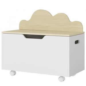 Coffre à jouet enfant - AIYAPLAY - sur roulettes - couvercle rabattable - charnières de sécurité - MDF - 59 x 30 x 53 cm - blanc