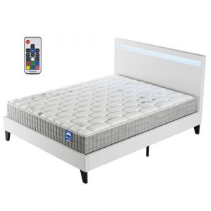 Ensemble 140x190cm-Matelas ressorts ensach&eacute;s et M&eacute;moire de forme + Lit avec T&ecirc;te de lit LED et sommier &agrave; lattes, Matelas 30cm d&rsquo;&eacute;paisseur