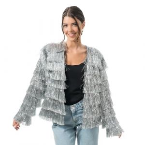 Ruedelafete Veste scintillante &agrave; franges femme, Argent taille S