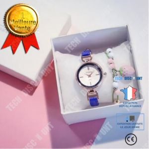 Coffret Cadeau Montre - Td - Femme - Bracelet En Cuir - Montre Quartz - Couleur Bleu