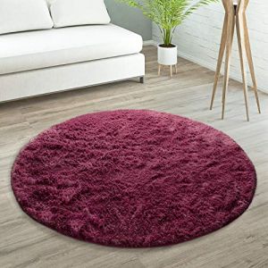 Paco Home - Tapis De Salon Poils Longs Fausse Fourrure Shaggy Moelleux Monochrome Pourpre, 80 cm rond