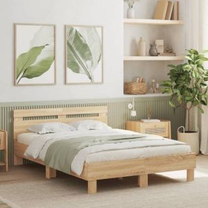 VidaXL Cadre de Lit avec Tête de Lit et LED, Lit Double avec Sommier à Lattes, Lit Adulte de Chambre, Chêne Sonoma 120x200 cm Bois d'Ingénierie