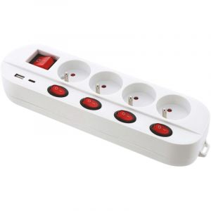Gefom Bloc multiprise - Blanc - 4 prises 16A+T - 5 interrupteurs - Chargeur USB C et A - Multiple Charge Rapide - Câble 1,5 mètres