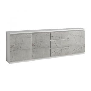 Deyton - Buffet 3 Portes 3 Tiroirs Laqu&eacute; Blanc et Gris Marbr&eacute;