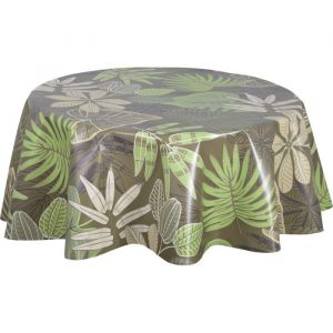 Habitable - Nappe en toile cir&eacute;e ronde motifs jungle MALLORCA - Diam. 135 cm - Kaki