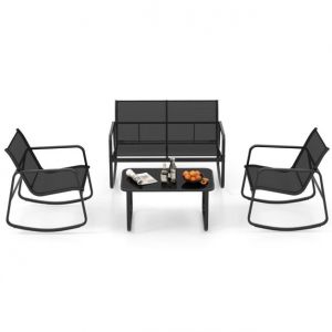 Coast 4-Piece Swing Patio Set - 2 Rocking Chairs (72x61x80 cm), Loveseat (72x114x80 cm) & Glass Table (75x44x40 cm) - Black