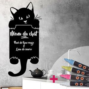 Ambiance Sticker Ardoise Tableau Noir - Stickers Muraux Adh&eacute;sif Effa&ccedil;able - Chat Fait Coucou - H75 x L35 cm + 4 Craies Liquides