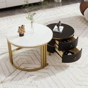 Lot de 2 table basse gigogne ronde, en MDF, avec 2 tiroirs pour salon, 70x70x45 + 50x50x40 cm, cadre doré, gris