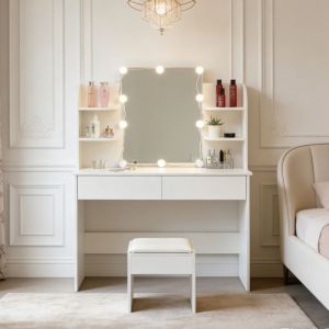 POCKETPOP Coiffeuse avec avec miroir et tabouret, avec &eacute;clairage LED, tiroirs, Blanc