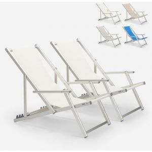 Image de Beach and Garden Design 2 Transat chaises de plage pliantes mer plage accoudoirs aluminium Riccione Gold Lux | Blanc