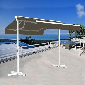 Stores bannes de terrasse double pente avec coffre sur pied - 3,5 x 3 m - Taupe