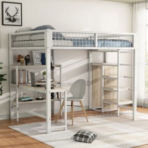 Lit mezzanine 140x200cm, cadre en fer, avec sous plateau bureau l, plusieurs étagères, escaliers et armoire intégrée, blanc