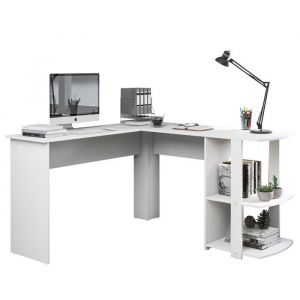 Libert&eacute; - Bureau d'angle 140CM &agrave; fourche en l pour ordinateur avec 2 &eacute;tag&egrave;res, Blanc
