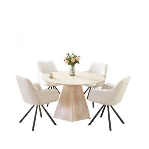 Table Repas Ronde SOLAL – Céramique & Pied Effet Travertin – Ø120x75 cm
