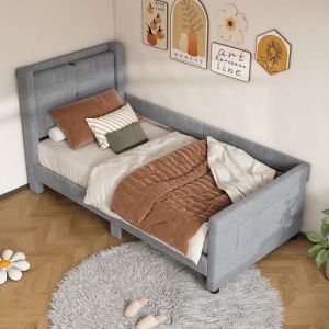 Modernluxe - Lit simple banquette 90x200 cm - avec usb - tissu en lin - Gris