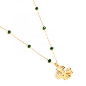 Nature & D&eacute;couvertes Collier sautoir en acier inoxydable dor&eacute; motif tr&egrave;fle et perles de verre