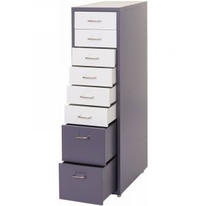 Image de Décoshop26 Caisson à tiroirs sur roulettes rangement bureau 8 tiroirs 110 par 28 par 41 en acier gris fonce blanc-noir gris fonce