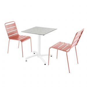 Table carrée pied blanc inclinable terrazzo 60 x 60 cm en HPL et 2 chaises en métal