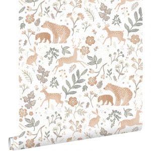 Papier peint for&ecirc;t avec des animaux de la for&ecirc;t vert gris&eacute;, beige et blanc Estahome