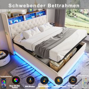 Modfu - Lit coffre, lit double led, usb, lin, sans matelas, lit adulte, beige, 180x200cm