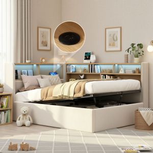 Lit coffre banquette 90x200 cm avec rangement hydraulique, LED et ports USB/Type-C, sommier &agrave; lattes, velours beige
